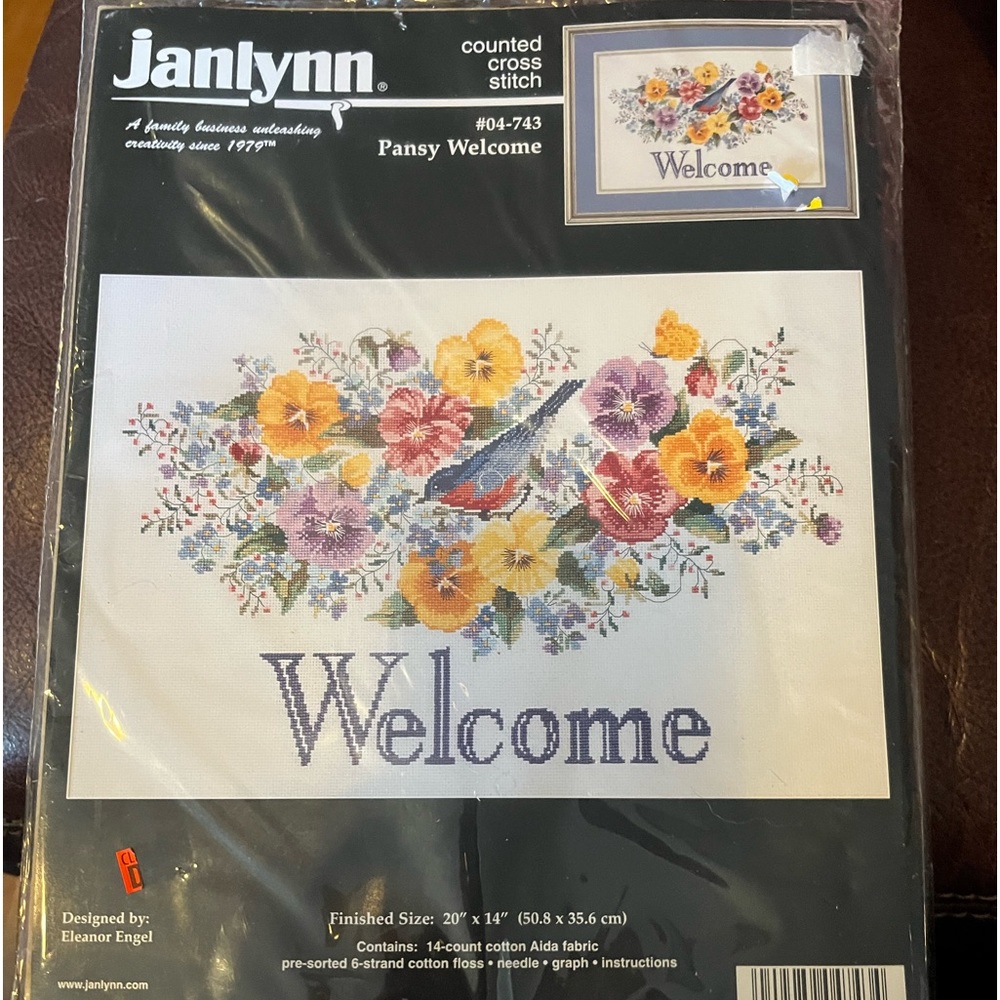 Janlynn PANSEY WELCOME 20"X14" Counted Cross Stitch Kit 04-743 Pansies&Bluebird.